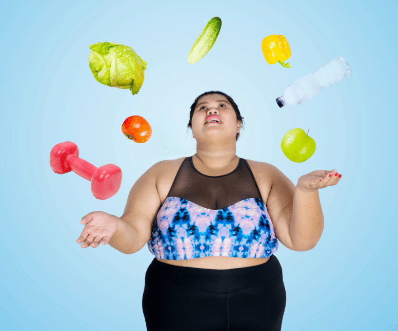 Obese woman juggling fruits